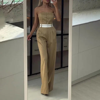 Summer Tube Top High Waist Jumpsuit Off Shoulder Striped Wide-leg Pants Women Phosgene