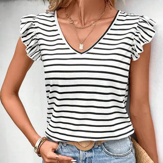 Summer Women's Striped Top Fashion V-neck T-shirt Phosgene