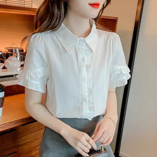 Sweet Design White Shirt For Women Niche Top Ruffled Short Sleeves Phosgene