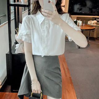 Sweet Design White Shirt For Women Niche Top Ruffled Short Sleeves Phosgene