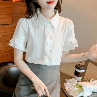 Sweet Design White Shirt For Women Niche Top Ruffled Short Sleeves Phosgene