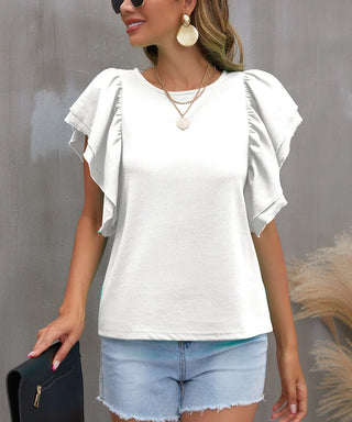 Sweet Summer Double-layer Lotus Leaf Top Round Neck T-shirt Phosgene