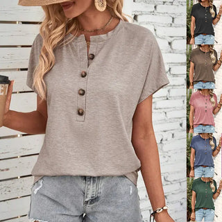 Top Solid Color Button Fashion Short Sleeve T-shirt Women Phosgene