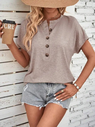 Top Solid Color Button Fashion Short Sleeve T-shirt Women Phosgene