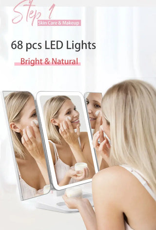 Trifold Makeup Mirror With Light 68 LED Vanity Mirrors 10X Magnifying 180Rotation Phosgene