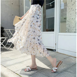 Vacation Style Floral Skirt Chiffon Dress Skirt One-piece Ruffled Phosgene