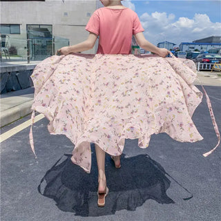 Vacation Style Floral Skirt Chiffon Dress Skirt One-piece Ruffled Phosgene