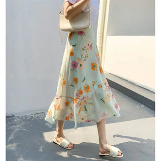 Vacation Style Floral Skirt Chiffon Dress Skirt One-piece Ruffled Phosgene