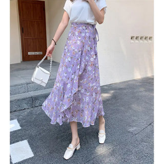 Vacation Style Floral Skirt Chiffon Dress Skirt One-piece Ruffled Phosgene