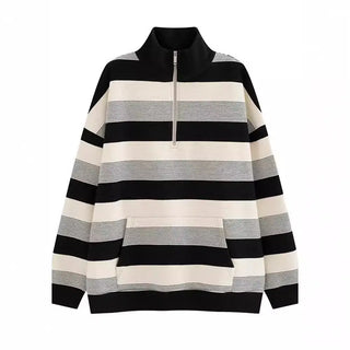 Women's American-style Retro Half-zip Striped Sweater Phosgene