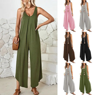 Women's Casual Sleeveless V-neck Pocket Wide Leg Jumpsuit Phosgene