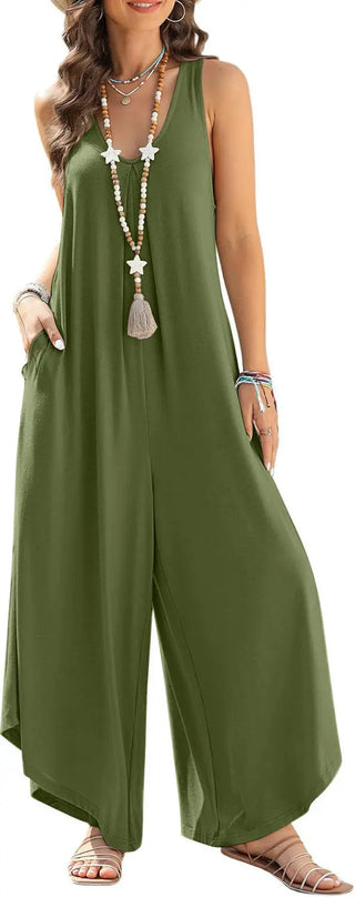 Women's Casual Sleeveless V-neck Pocket Wide Leg Jumpsuit Phosgene