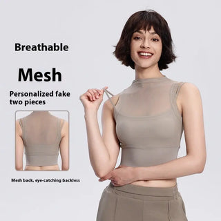 Women's Fake Two-piece Mesh Breathable Top With Chest Pad Phosgene