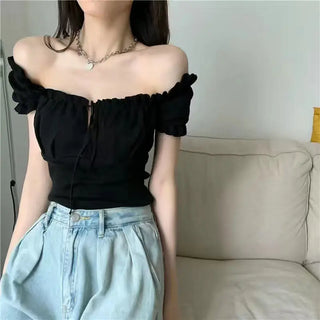 Women's Fashion Chic Collarbone Off-shoulder Design Drawstring Short Sleeve Phosgene