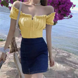 Women's Fashion Chic Collarbone Off-shoulder Design Drawstring Short Sleeve Phosgene