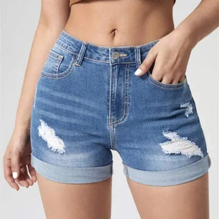 Women's Fashion Holes Curling High Elastic High Waist Denim Shorts Phosgene