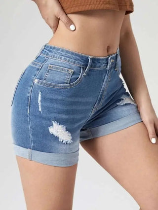 Women's Fashion Holes Curling High Elastic High Waist Denim Shorts Phosgene