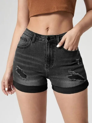 Women's Fashion Holes Curling High Elastic High Waist Denim Shorts Phosgene