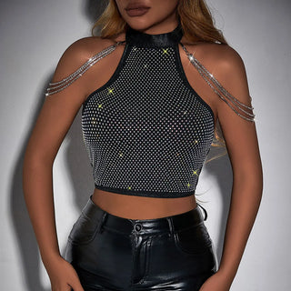 Women's Halter Slim Fit Vest Metal Rhinestone Chain Top Phosgene