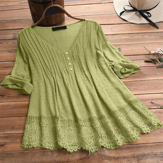 Women's Jacquard Pleated Lace Hollow Out V-neck Shirt Phosgene