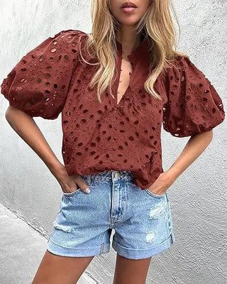 Women's Lantern Sleeve V-neck Buttons Hollow Lace Embroidered Shirt Phosgene