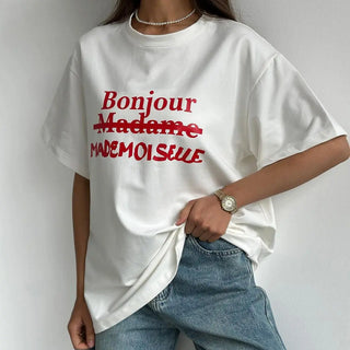 Women's Letter Print Contrast Color Loose T-shirt Pullover Phosgene