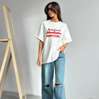 Women's Letter Print Contrast Color Loose T-shirt Pullover Phosgene