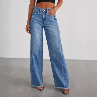 Women's Loose Wide-leg Side Seam Stitching Frayed Hem Jeans Phosgene