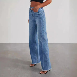 Women's Loose Wide-leg Side Seam Stitching Frayed Hem Jeans Phosgene