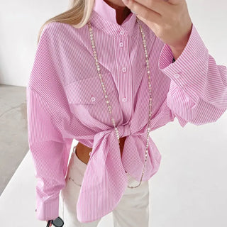 Women's Preppy Style Sweet Pink Striped Loose Outer Cotton Shirt Phosgene