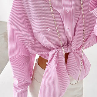 Women's Preppy Style Sweet Pink Striped Loose Outer Cotton Shirt Phosgene