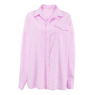 Women's Preppy Style Sweet Pink Striped Loose Outer Cotton Shirt Phosgene