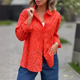 Women's Solid Color Loose Embroidered Hollow Shirt Top Phosgene