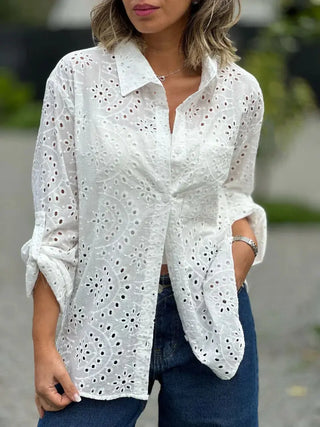 Women's Solid Color Loose Embroidered Hollow Shirt Top Phosgene