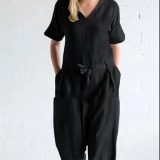 Women's Solid Color Pure Cotton And Linen Loose Strap Pocket Jumpsuit Phosgene