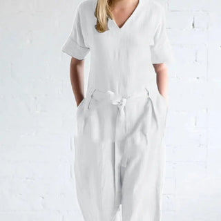 Women's Solid Color Pure Cotton And Linen Loose Strap Pocket Jumpsuit Phosgene