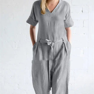 Women's Solid Color Pure Cotton And Linen Loose Strap Pocket Jumpsuit Phosgene