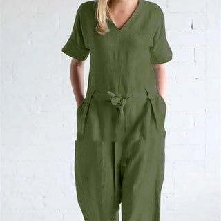 Women's Solid Color Pure Cotton And Linen Loose Strap Pocket Jumpsuit Phosgene