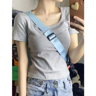 Women's Square Collar Off-the-shoulder Short-sleeved T-shirt Slim Fit Slimming Phosgene