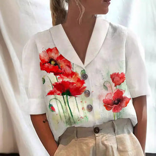 Women's Stand Collar Button Casual Half-sleeve Cotton And Linen Printed Short-sleeved Shirt Phosgene