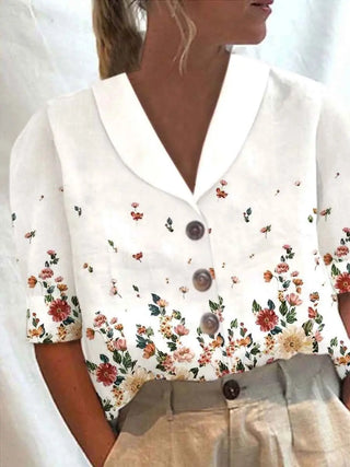 Women's Stand Collar Button Casual Half-sleeve Cotton And Linen Printed Short-sleeved Shirt Phosgene