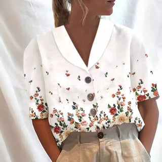 Women's Stand Collar Button Casual Half-sleeve Cotton And Linen Printed Short-sleeved Shirt Phosgene