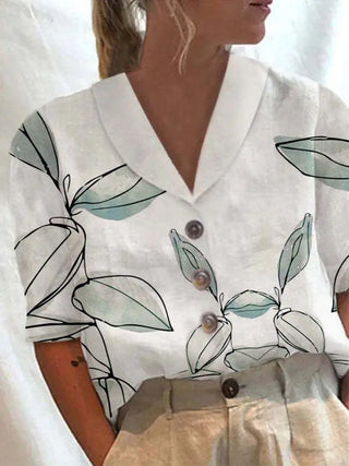 Women's Stand Collar Button Casual Half-sleeve Cotton And Linen Printed Short-sleeved Shirt Phosgene