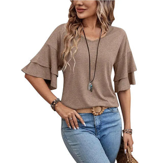 Women's Summer Solid Color And V-neck Loose T-shirt Phosgene