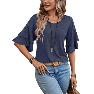 Women's Summer Solid Color And V-neck Loose T-shirt Phosgene