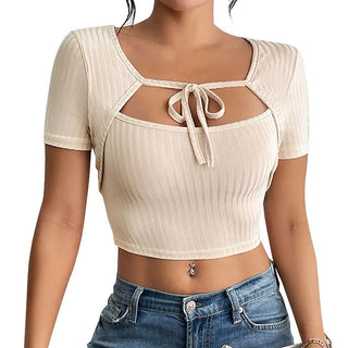 Women's Sunken Stripe Rib Lace-up Square Collar Top Phosgene