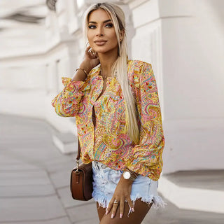 Women's Thin Bohemian Style Printed Ruffles V-neck Long Sleeve Shirt Phosgene