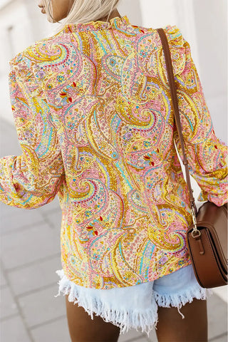 Women's Thin Bohemian Style Printed Ruffles V-neck Long Sleeve Shirt Phosgene