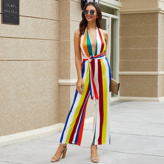 Women's V-neck Colorful Striped Jumpsuit Phosgene