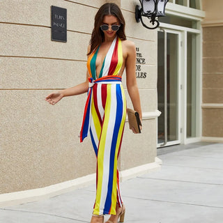 Women's V-neck Colorful Striped Jumpsuit Phosgene